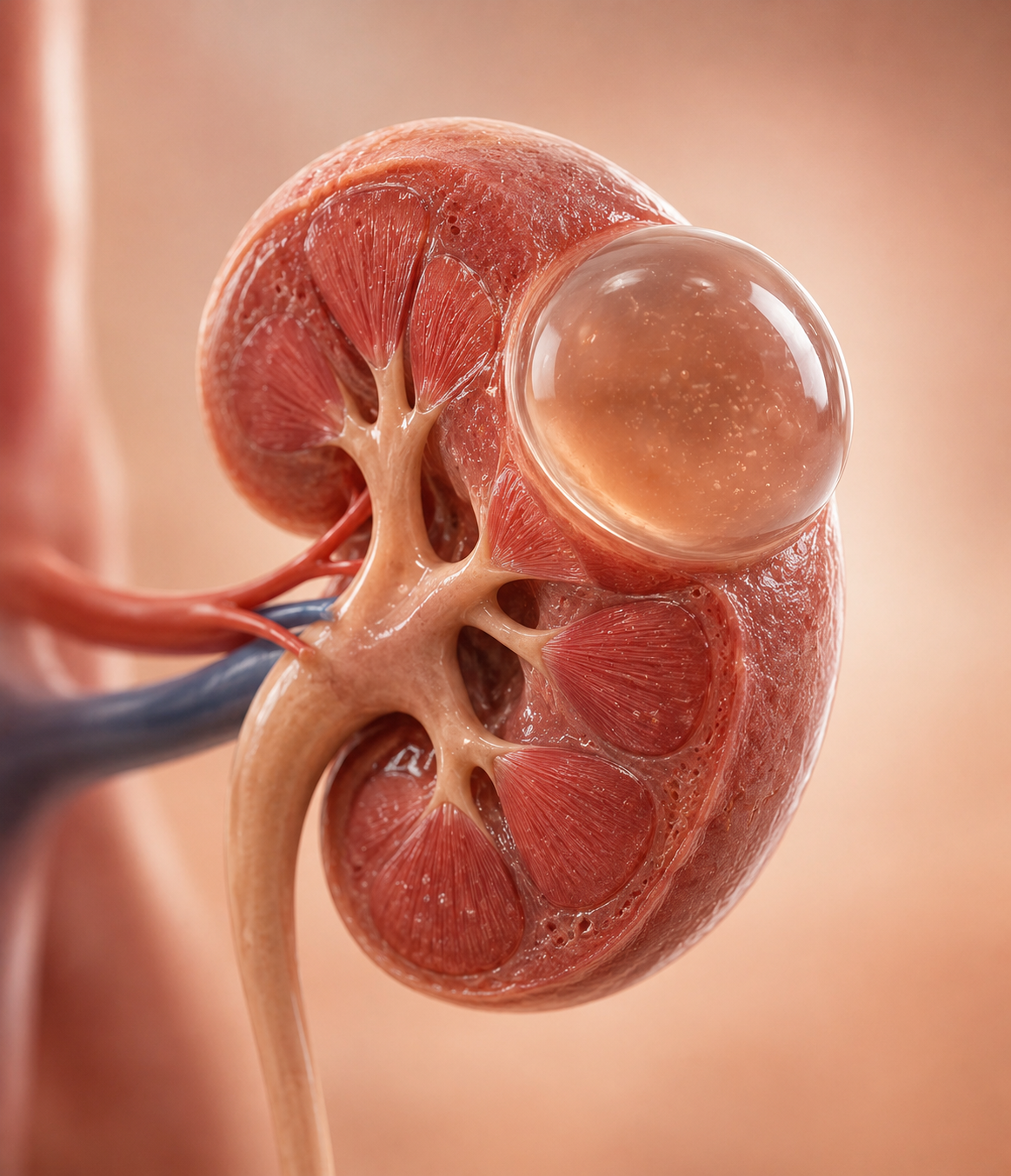 Rim com cisto renal, ilustração 3D representando a condição