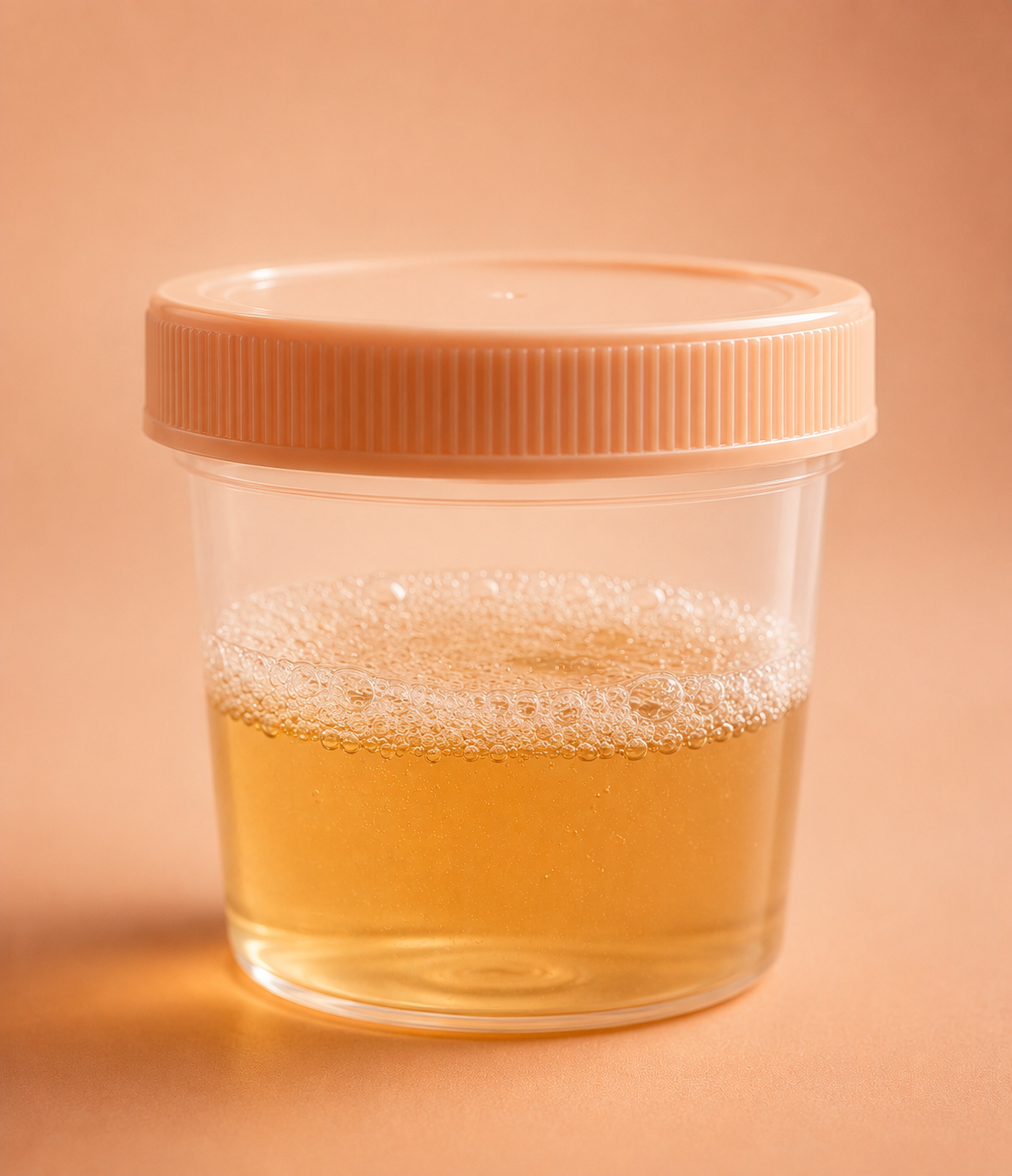 Frasco de coleta de urina com espuma visível na superfície
